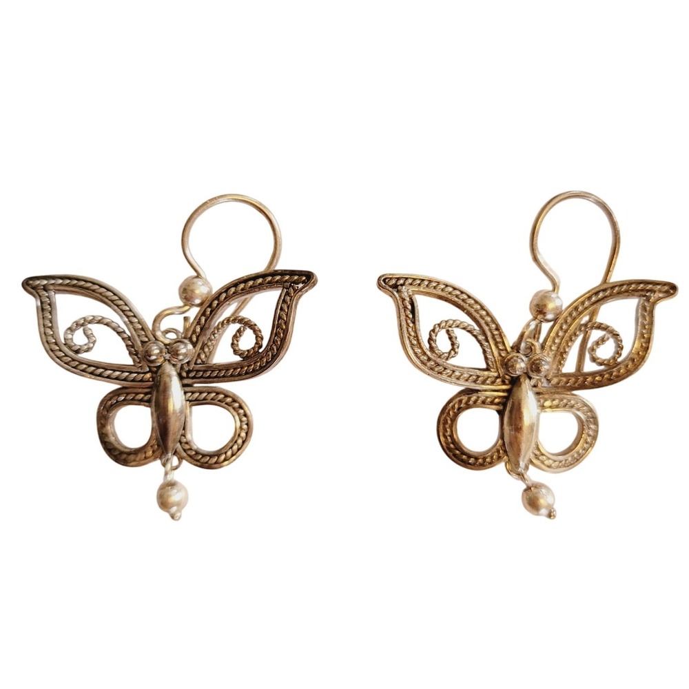 Vintage‎ Sterling Silver Butterfly Dangle Earrings Filigree 925 BJ Boho Jewelry